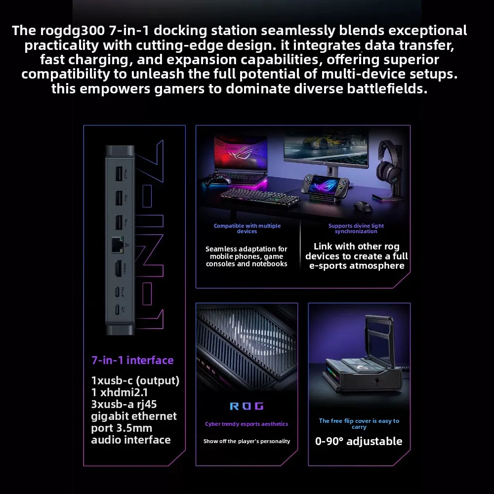 ROG DG300 7-in-1 Docking Station 10Gbps 8K Wide Compatibility Supports RGB Sync 100W PD Fast Charging Output Game Accessories
