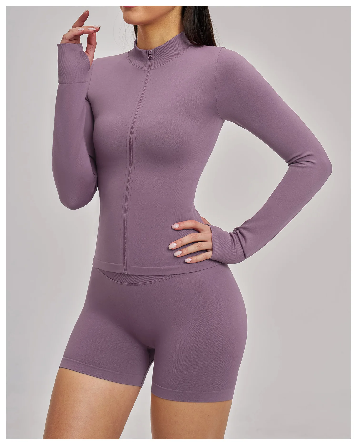 Women's Seamless Long Sleeve Yoga Top Ribbed High Neck Full Zip Slim Fit Sports Jacket Thumb Hole Workout Gym Running Activewear