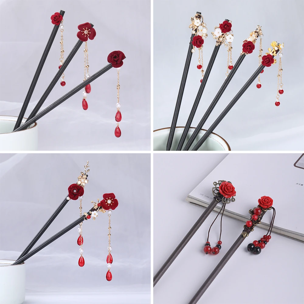 Vintage Wood Flower Tassel Hairpin For Women Girl Antique Hair Stick Hair Clip Costume Chinese Hanfu Hair Accessories Hair Pins