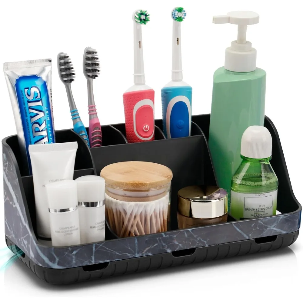 

Marble Black Toothbrush Holders for Bathrooms - Detachable 7 Slots Bathroom Organizer Countertop Matte Black Electric