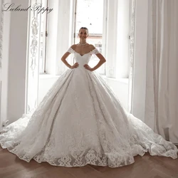 Lceland Poppy Customized Ball Gown Lace Appliques Wedding Dresses Off the Shoulder Sequined Bridal Gowns with Cathedral Train