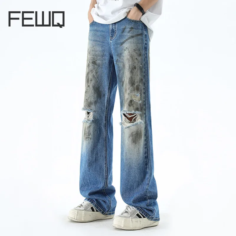 FEWQ American High Street Darkwear Loose Straight Broken Jeans 2024 Vintage Male Trousers New Korea Fashion Casual 24E1347