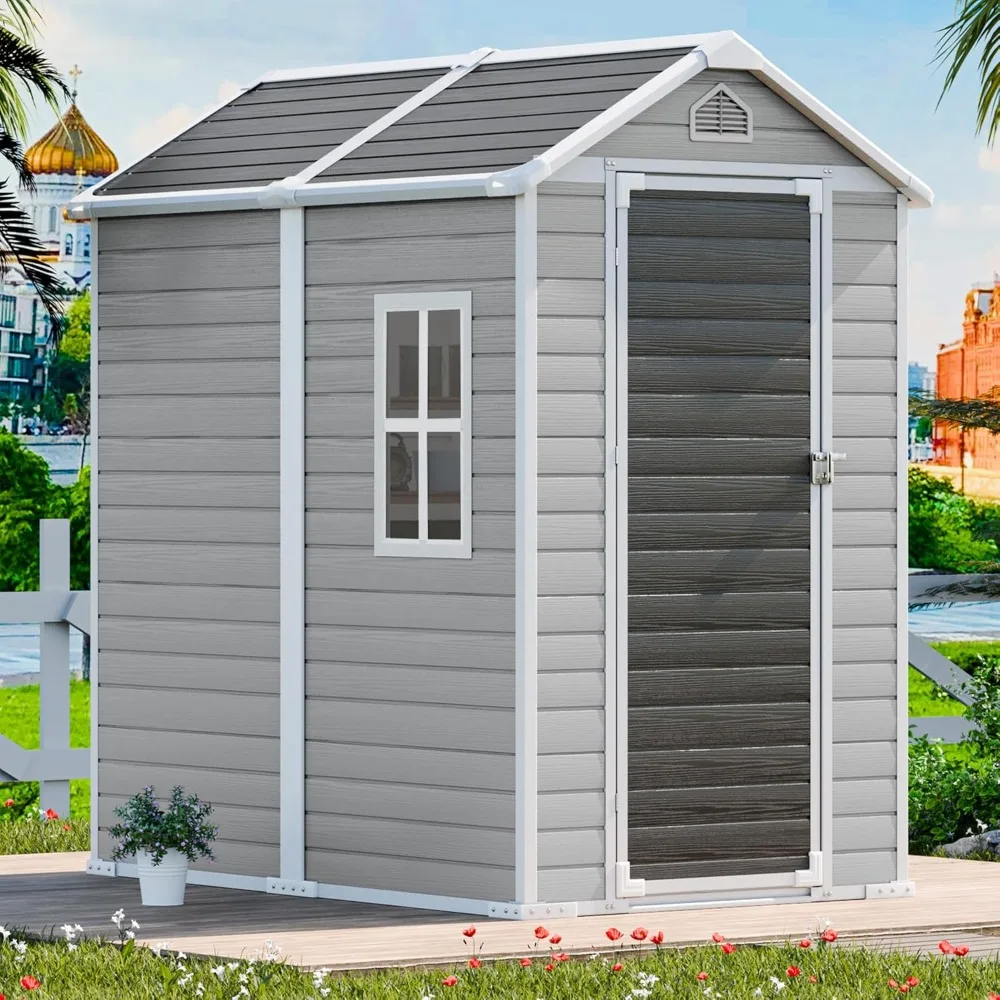 

4x6 Feet Resin Storage Shed, Waterproof Outdoor Shed with Floor & Lockable Door & Window & Vents