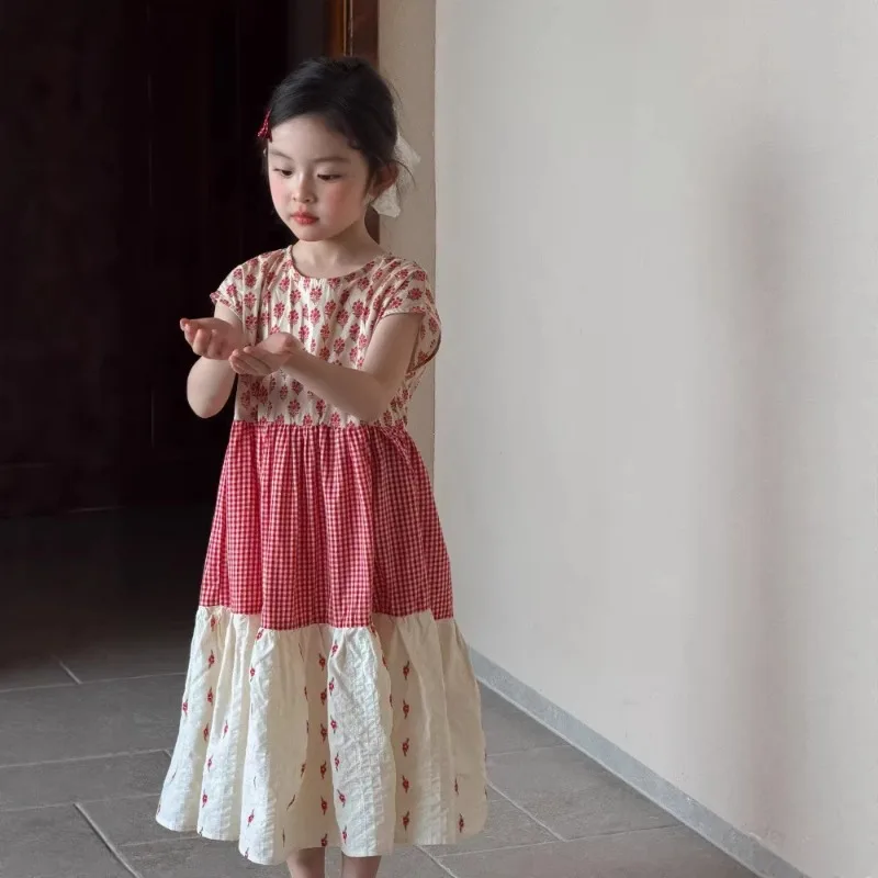 

Girls Dress 2026 Summer New Item Korean Style Floral Patchwork Checkered Jacquard Embroidery Shoulder Length Skirt