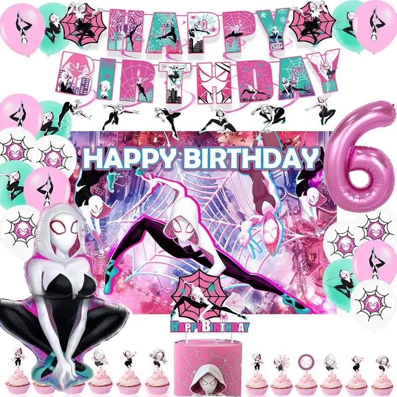 Decoraciones para fiesta de cumpleaños con tema de Spiderwoman Girl, pancartas para decoración de tartas y magdalenas para fiesta de araña, globos, telón de fondo, araña fantasma rosa