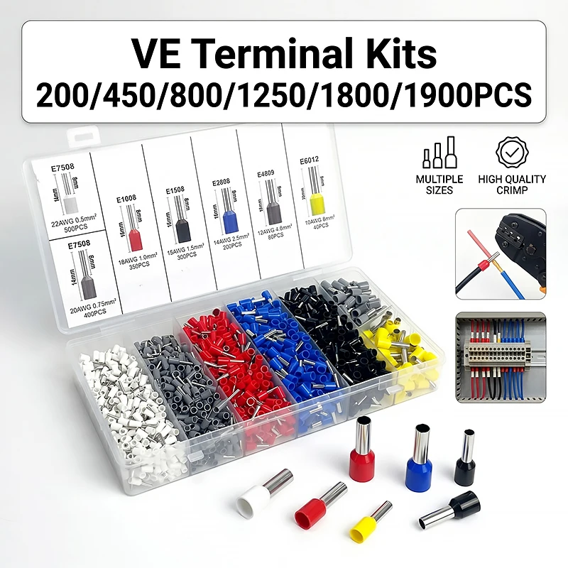 200/450/800/1250/1800/1900Pcs Durable Crimp Terminals for Electrical Wire and Cable with Ring Connectors E0508 E7508 E1008 E1508