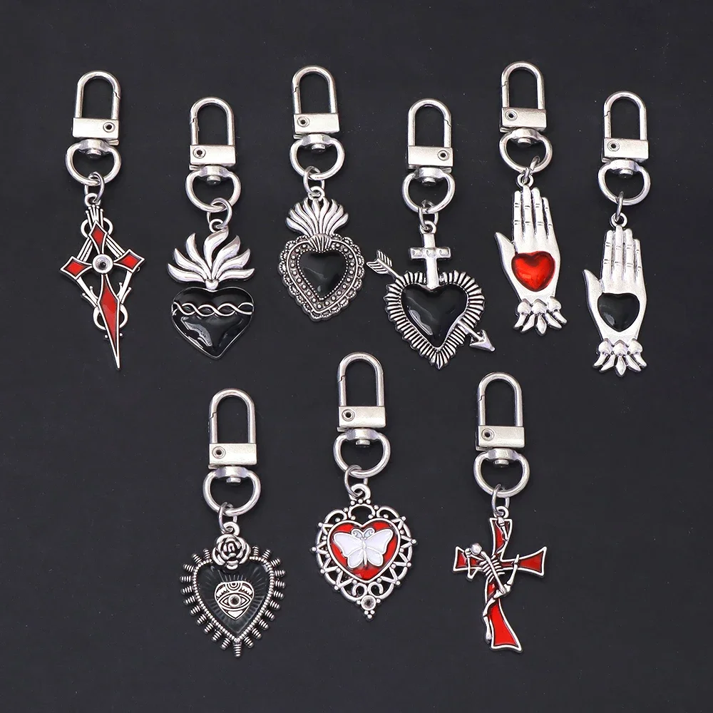 Retro Gothic Love Heart Keychains Original Metal Hollow Cross Palm Key Ring Backpak Earphone Case Decor for Women Men Party Gift