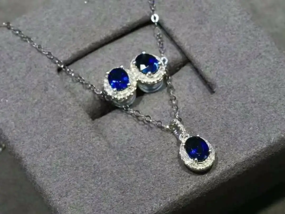 100% Natural and Real Sapphire Set Royal Blue 925 Sterling Silver 1pc pendant,2pcs earrings