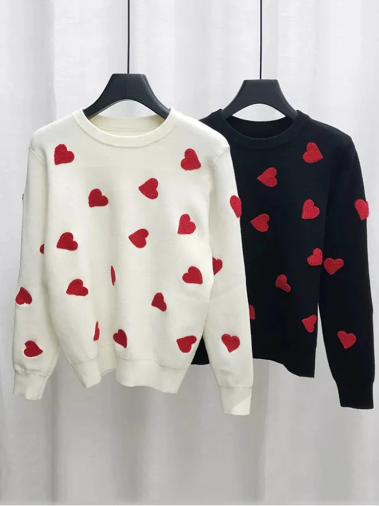 Suéteres de punto de fresa con corazón de amor bordado para mujer, suéteres Vintage informales, suéteres dulces O Ne, Tops cálidos de invierno, C-129