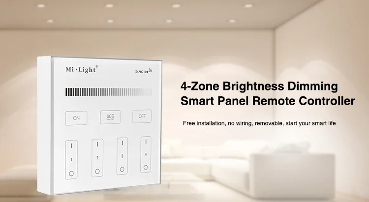 Miboxer Smart Touch Panel 2.4G Wireless B1 4-Zone Brightness Dimmer Remote Controller Power by 3V (2*AAA Battery) Wall Mount