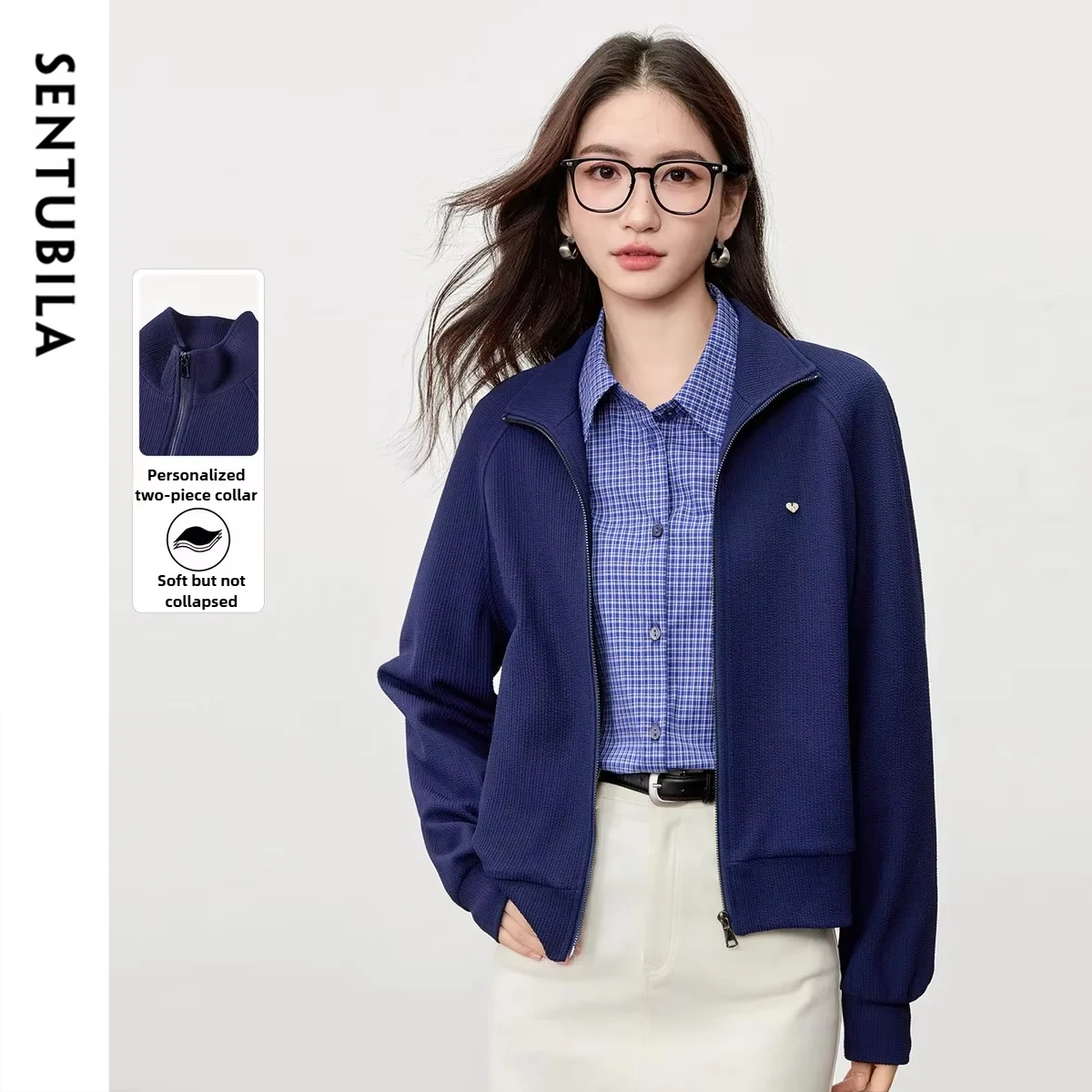 

Women's Knit Jacket 2025 Autumn Metal Zipper Front Two Ways Collar Love Emblem Coats Loose Fit Versatile Knitwear 153WG2896