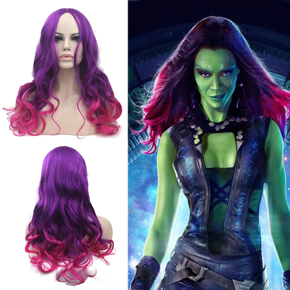 Guardianes de la galaxia Gamora, pelo largo y rizado, capucha, cosplay, peluca de anime