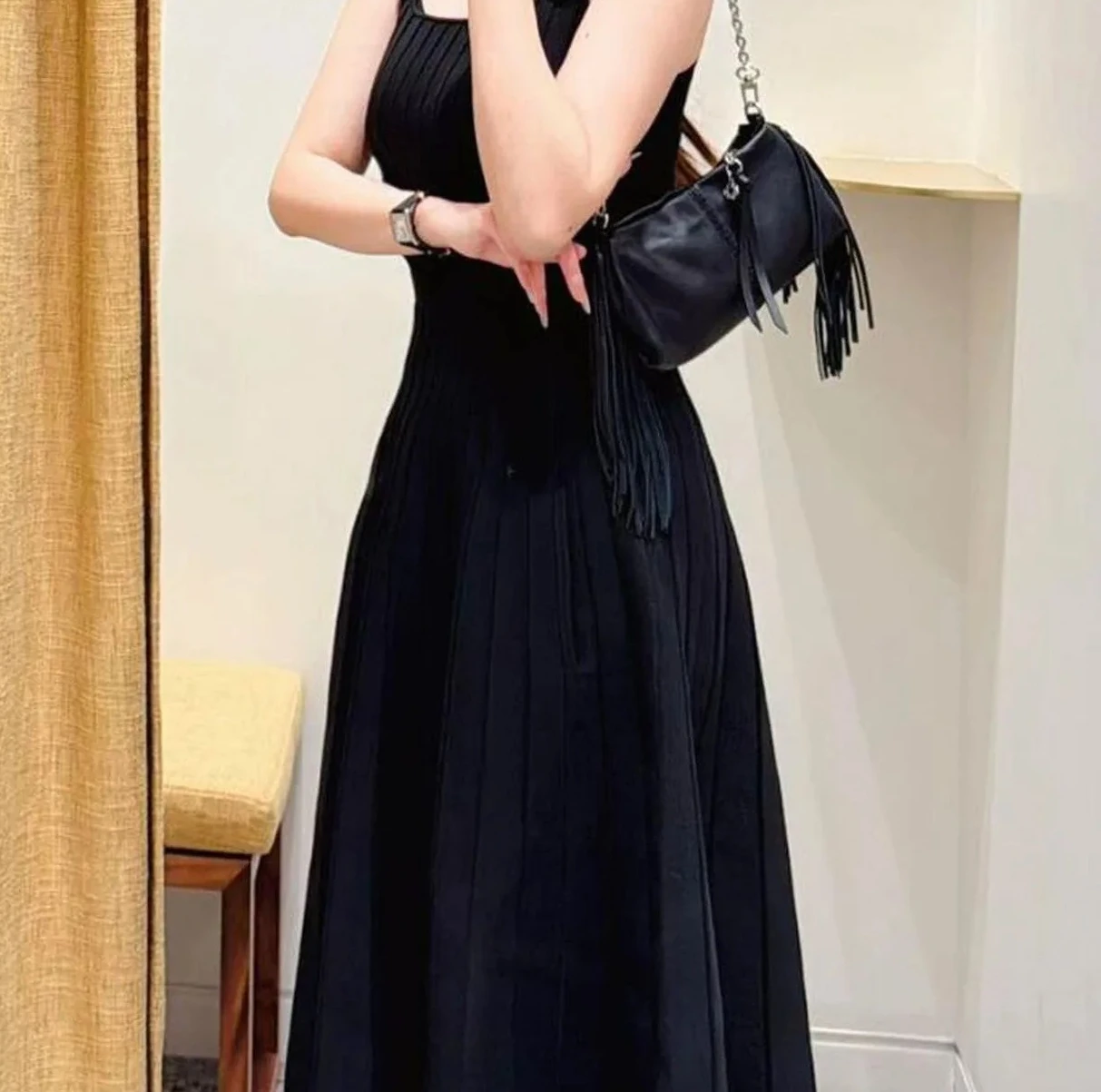 

Женское черное вязаное платье на подтяжках без рукавов, тонкий халат миди с высокой талией для дня рождения, женское летнее платье