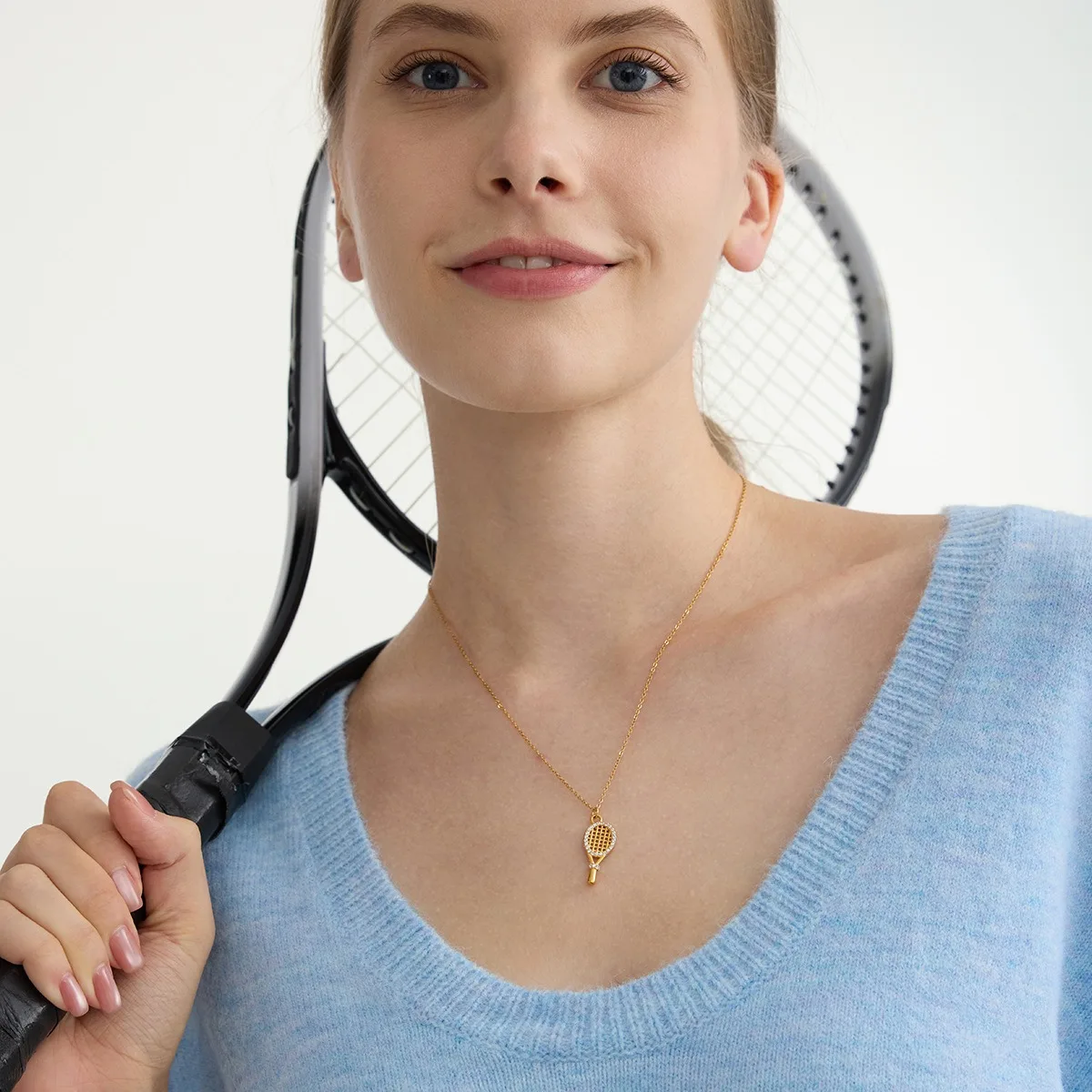 Sports Leisure Zircon Tennis Racket Pendant Necklace 18k Gold Plated Stainless Steel Gold Color Clavicle Chain Women's Jewelry