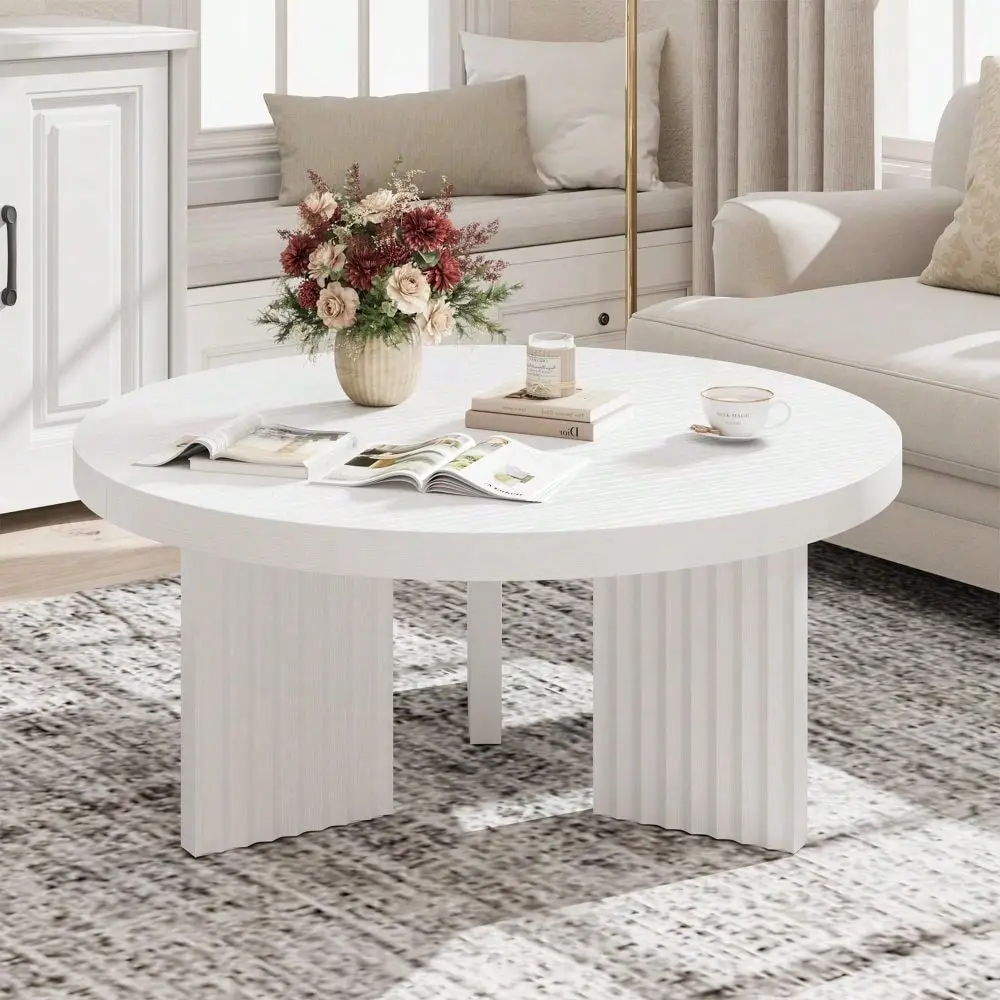 Round Coffee Table,33.5 Wood Center Table,Circle Coffee Table With Fluted Legs 1.3 Thick Top,Accent Sofa Table For Home Office