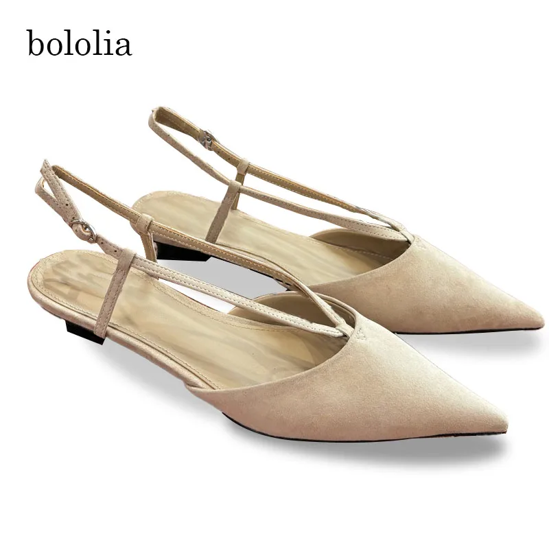 bololia High Quality Women's Sandals Sheepskin Suede Genuine Leather Sole Pointed-Toe Back Strap Low Heel Fashion Shoes