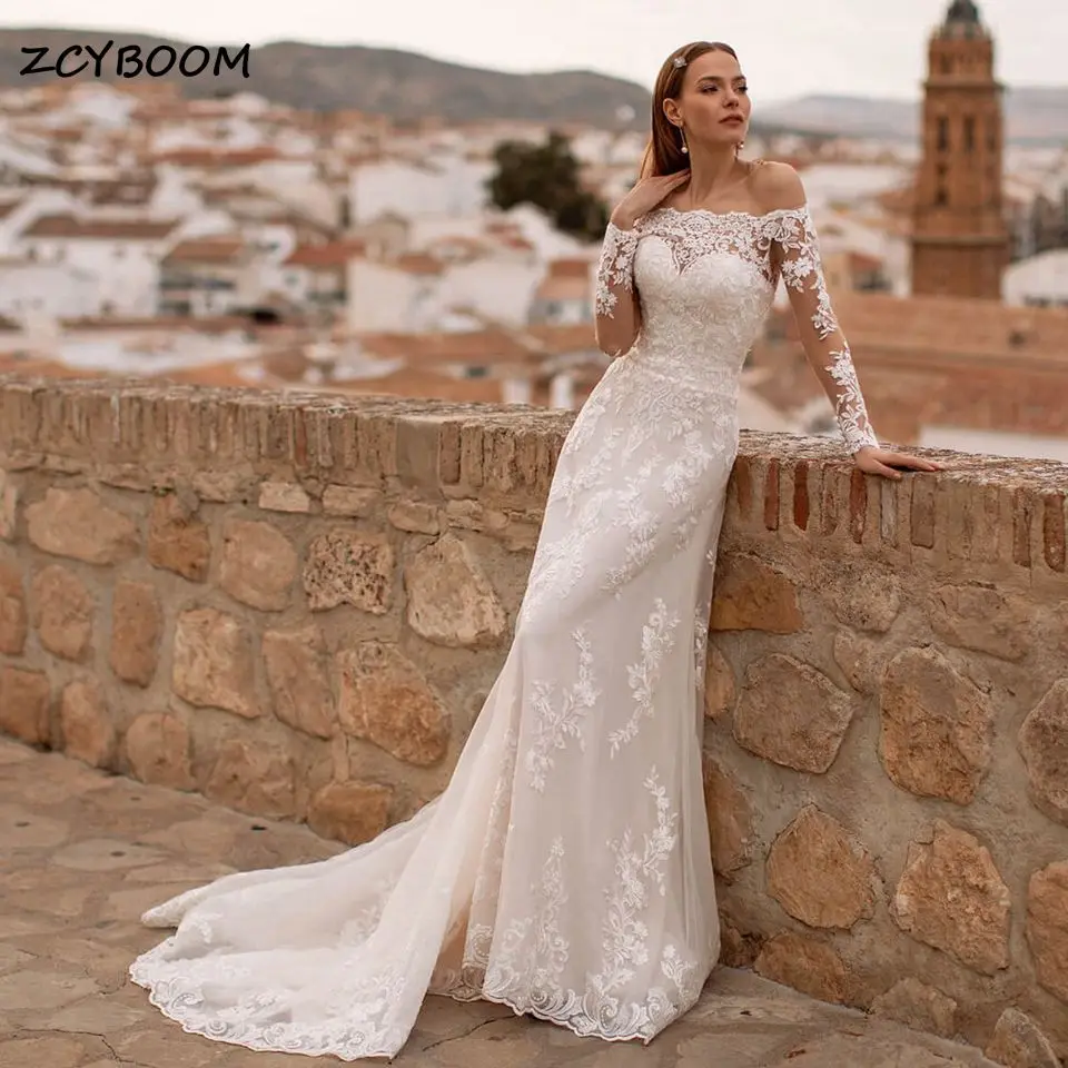 Elegant Boat Neck Appliques Mermaid Wedding Dresses 2026 Lace Boho Long Sleeves Bridal Gowns For Women Vestido de Noiva Mariage