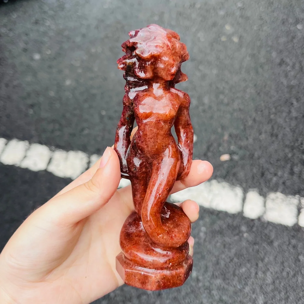 13cm Natural Crystal Hand Strawberry Quartz Medusa Head Sculpture Healing Crafts For Decoration Gift