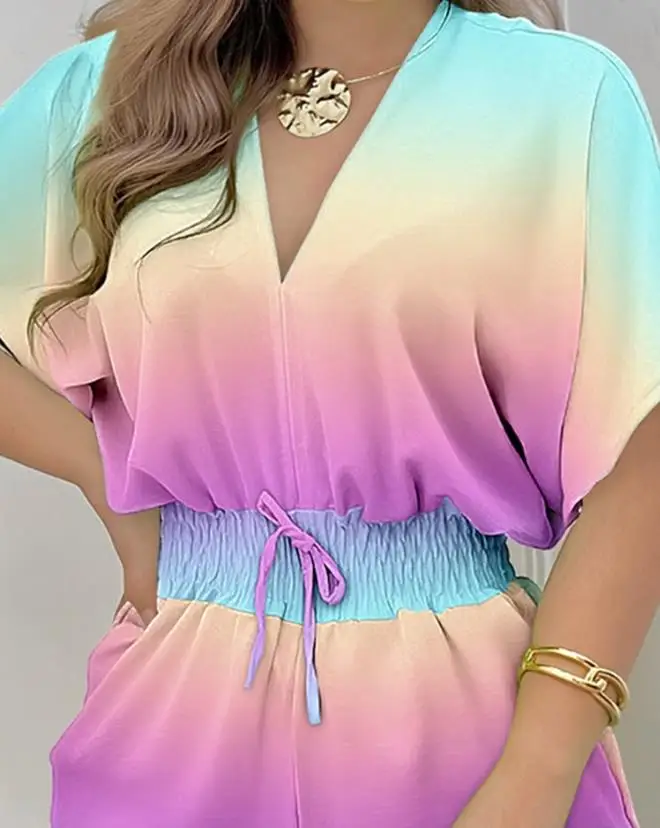 2023 Summer Woman Short Jumpsuits Elegant V-Neck Ombre Batwing Sleeve Shirred Waist Romper New Fashion 2023 Casual