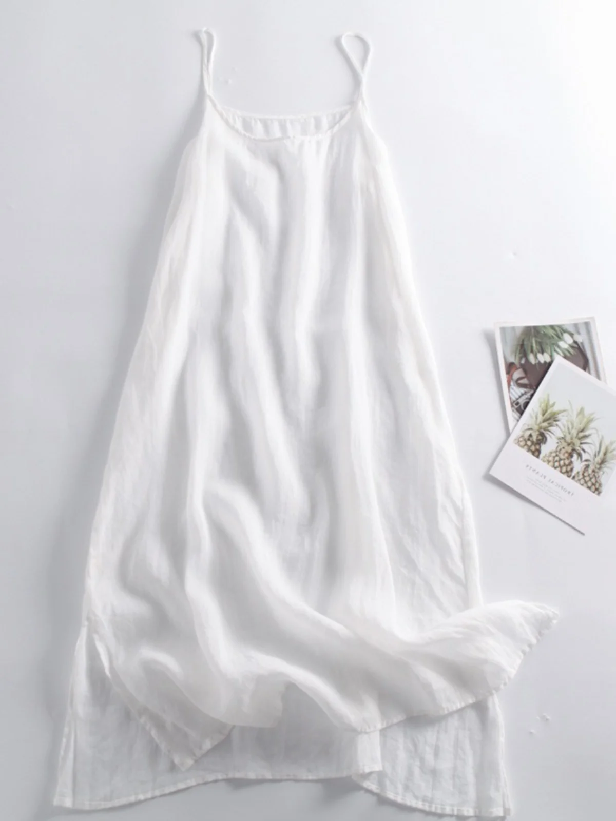 

Summer Thin Base Layer Dr Large Size Women's Faion Long A-Line Cotton Svel round Ne Gown with Side Slit