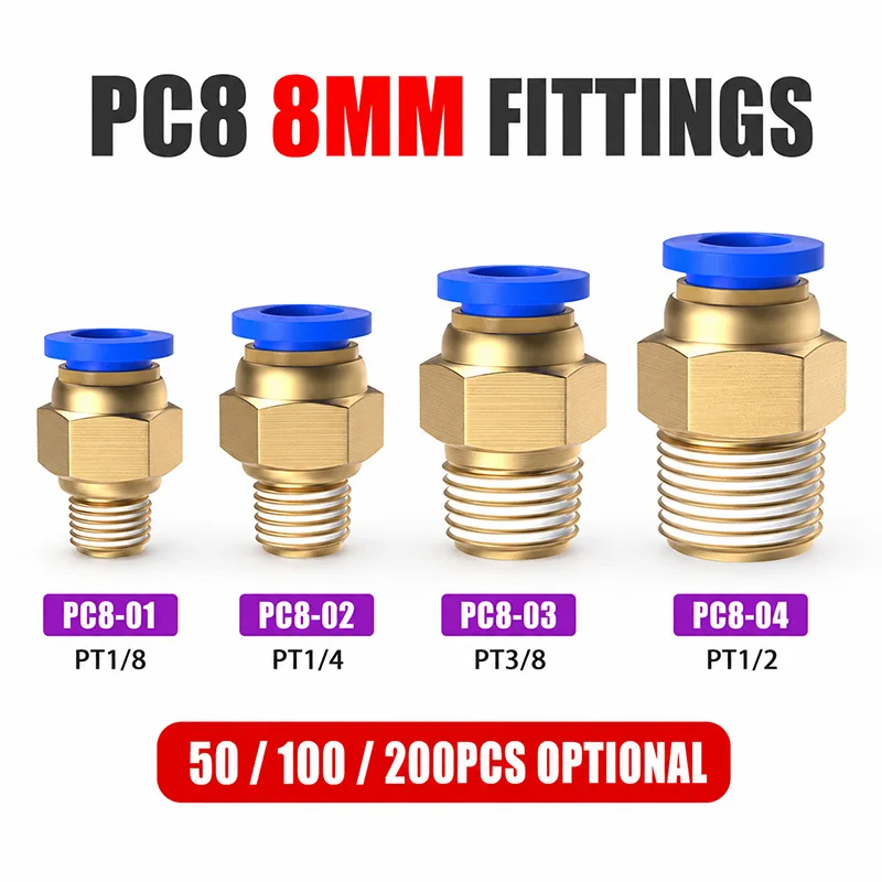 PC8-01 PC8-02 PC8-03 PC8-04 8mm Pneumatic Push In Fittings Brass Male Thread Quick Connector Air Hose Tube 50 100 500PCS Pack