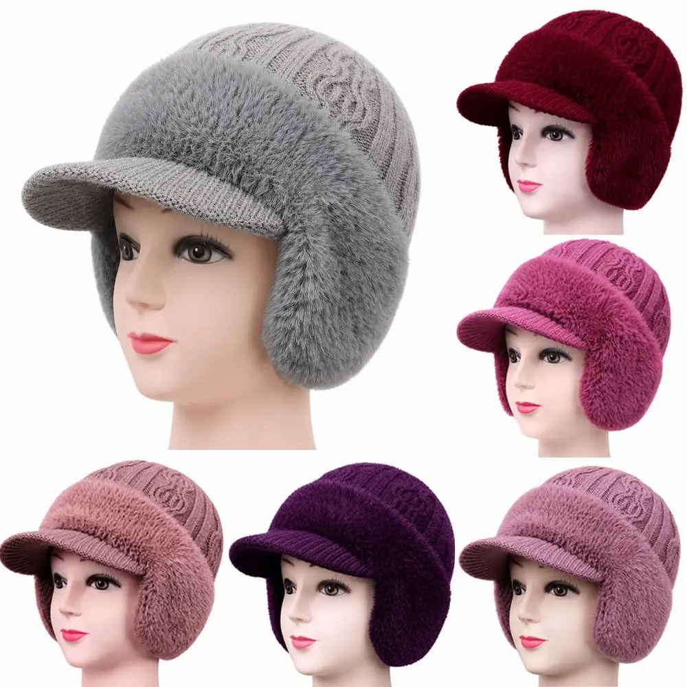 Faux Rabbit Fur Women's Winter Hat Thickened Fleece Lined Knitted Peaked Hat Ear Flap Knit Visor Middle-aged Cap For Men Women