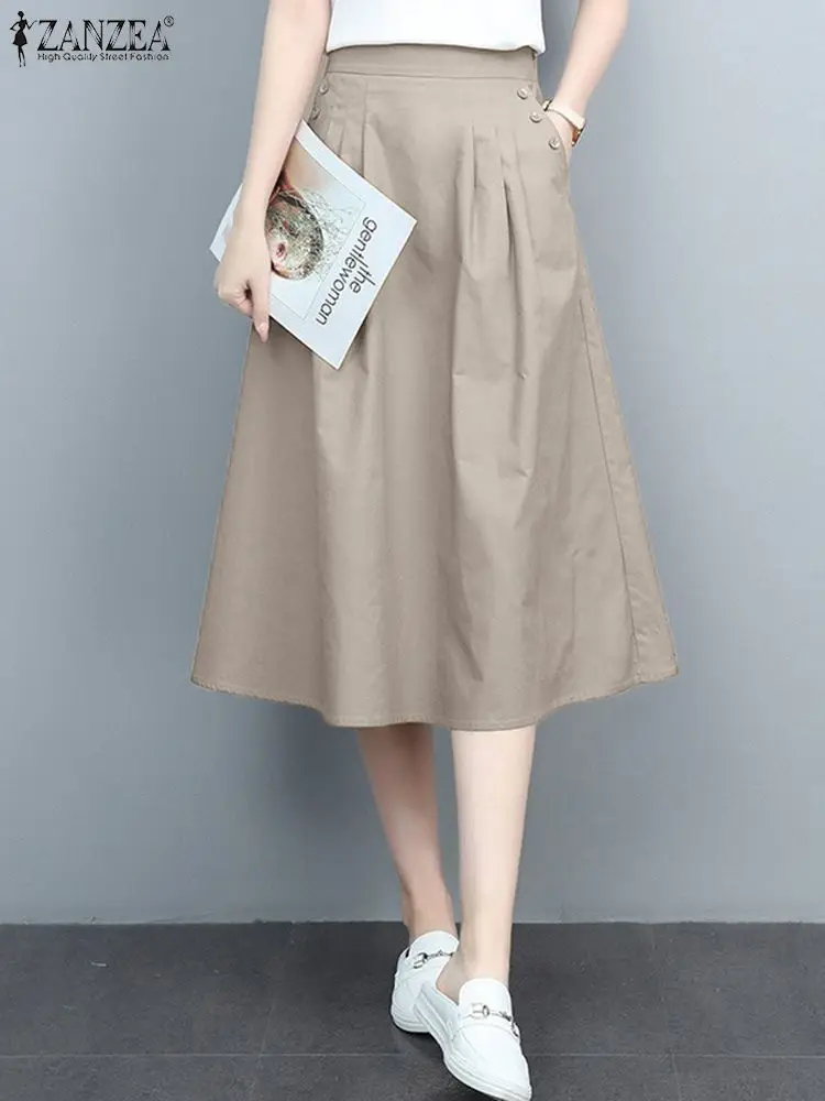 

Women High Waist A Line Midi Skirts ZANZEA Office Lady Sundress 2024 Summer Dress Buttons Faldas Fashion Solid OL Work Skirt