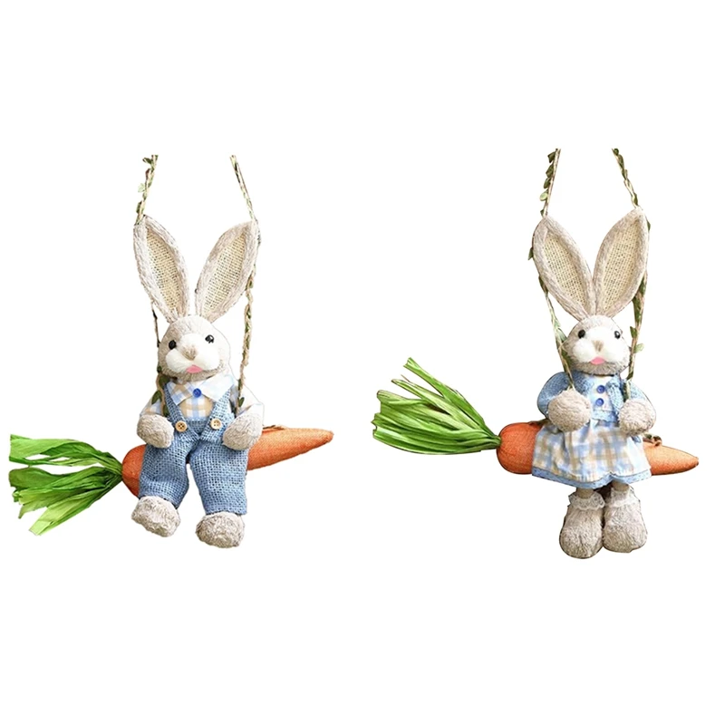 Easter Straw Bunny Figurine, Straw Rabbit On Carrot Swing, Bunny Statue Hanging Ornament For Easter Holiday Home Decor