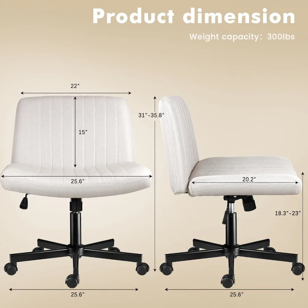 Criss Corss Chair W Wheels,Fabric Padded Armless Wide Cross Legged Office Desk Chairs,120° Rocking Swivel Mid Back Computer Task