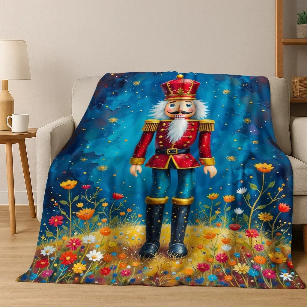 Merry Christmas Tree Nutcracker Cartoon Puppet New Year Gift Flannel Blanket,Soft Throw Blanket for Home Bedroom Bed Sofa Kids