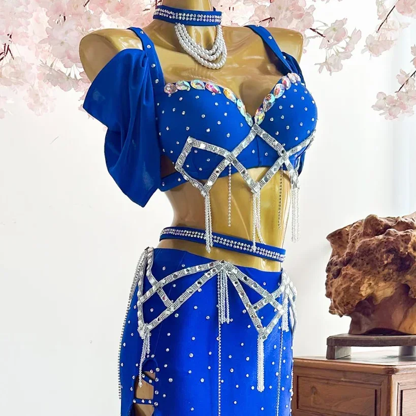 Belt Chiffon Big Swing Skirt Performance Set High-End Custom Adult Child Competition Clothing Belly Dance Suit Diamond Bra