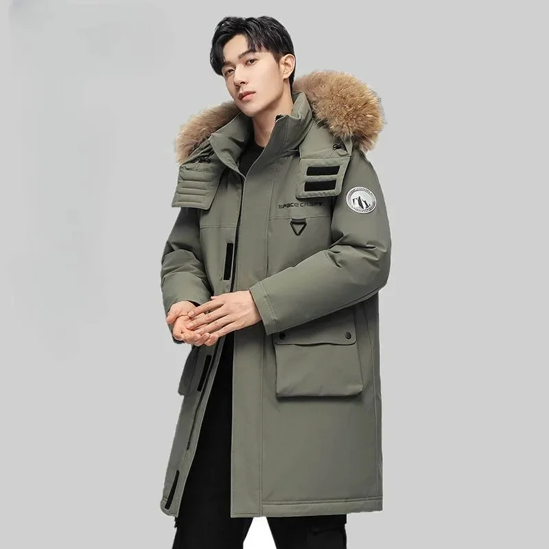 Jacket Down Men 2024 Winter New Outdoor Leisure All-Match American Workwear Fur Collar Mid-Length Parka Coat Thicken Warm