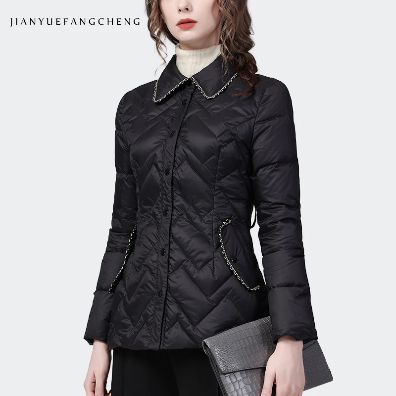 Women Winter Black Slim Short Down Jacket Pointed Collar Beads Deco Warm Lightweight Duck Down Padding Coat With Detachable Belt