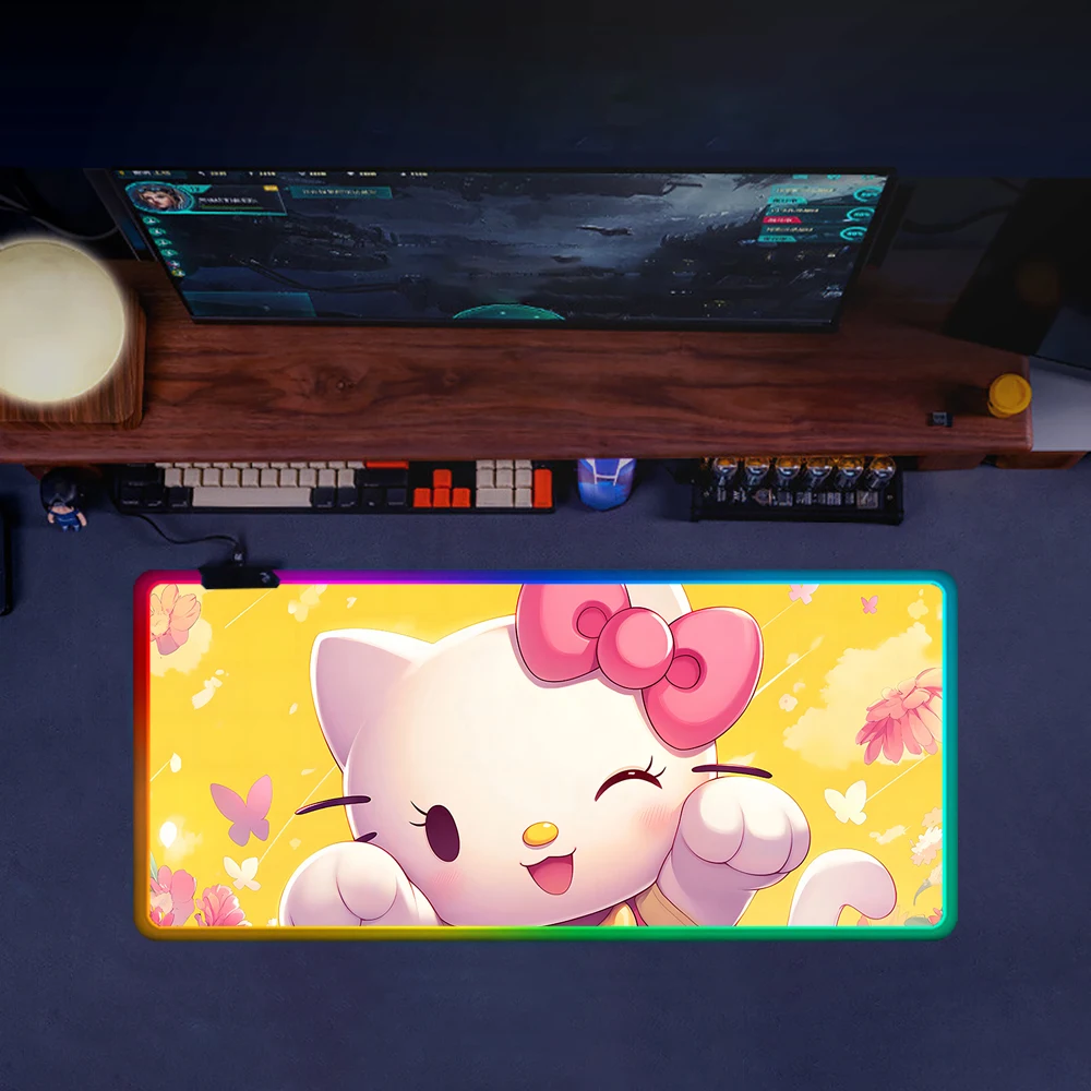 Funny Cute Cartoon Hello Kitty RGB Pc Gamer Keyboard Mouse Pad Mousepad LED Glowing Mouse Mats Rubber Gaming Computer Mausepad