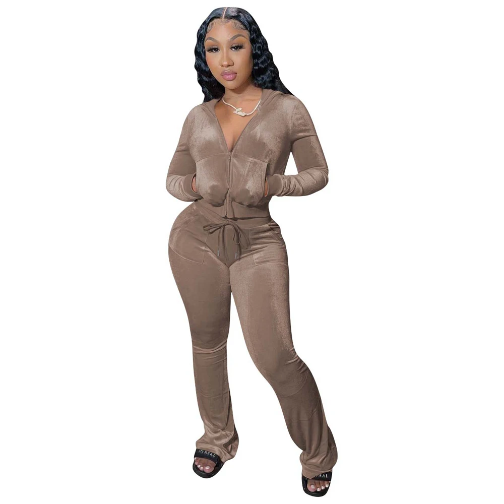 JENYAGE Damen Y2K Einfarbiger Velours Zweiteiler Trainingsanzug mit Reißverschluss-Kapuzenjacke und ausgestellter Hose mit Kordelzug, lässiger Jogginganzug – Detail 13