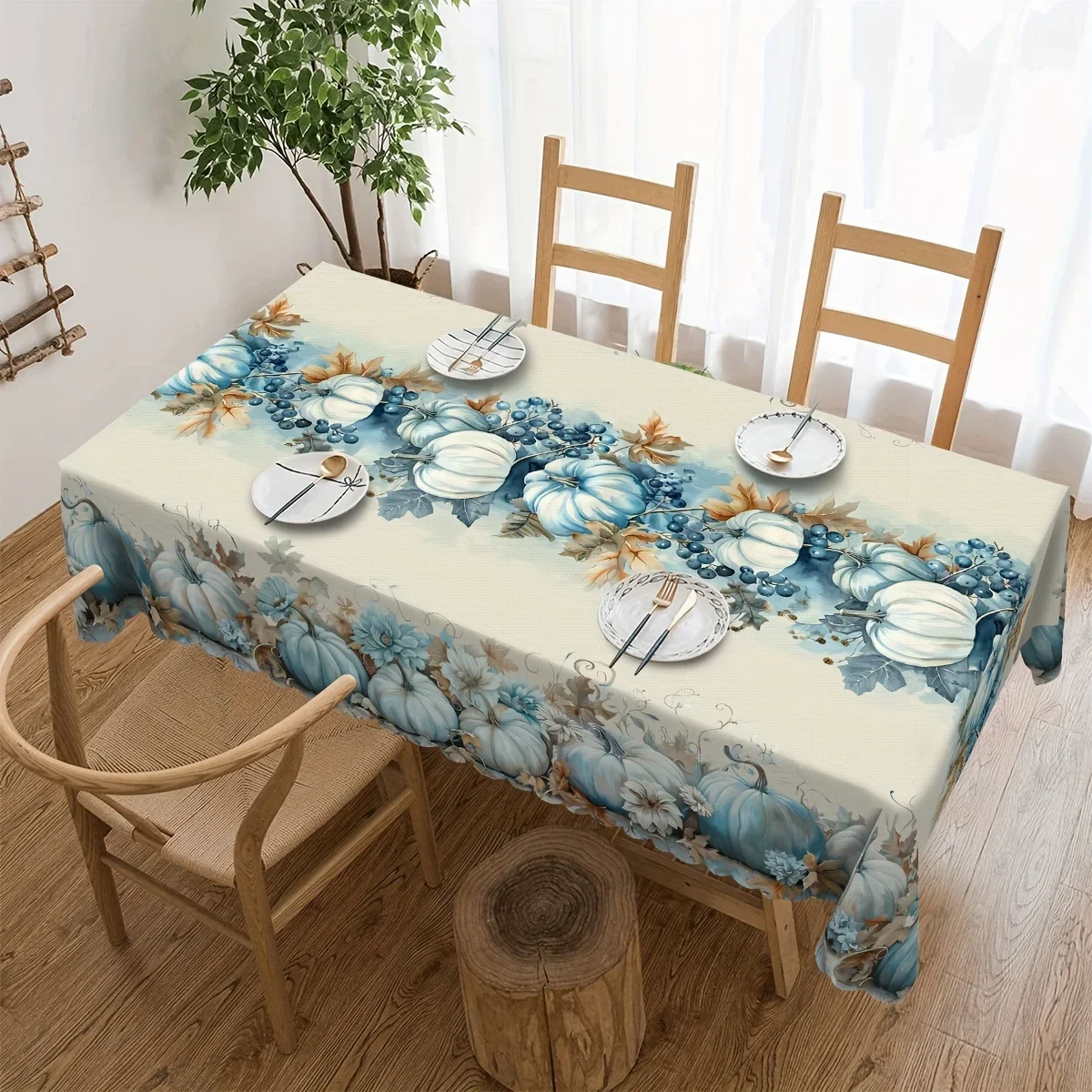 Fall Blue Pumpkins Maple Leaves Tablecloths Holiday Party Decor Autumn Thanksgiving Rectangle Table Cloths Kitchen Table Decor