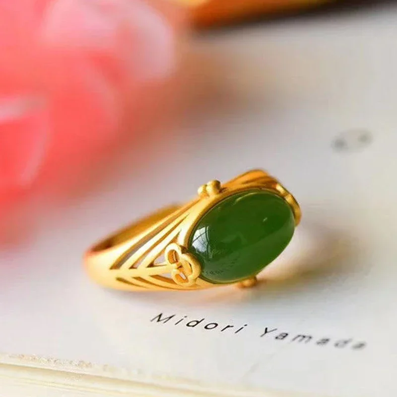 

Natural Hetian jasper opening adjustable rings for women Chinese style retro unique ancient gold craft charm brand jewelry