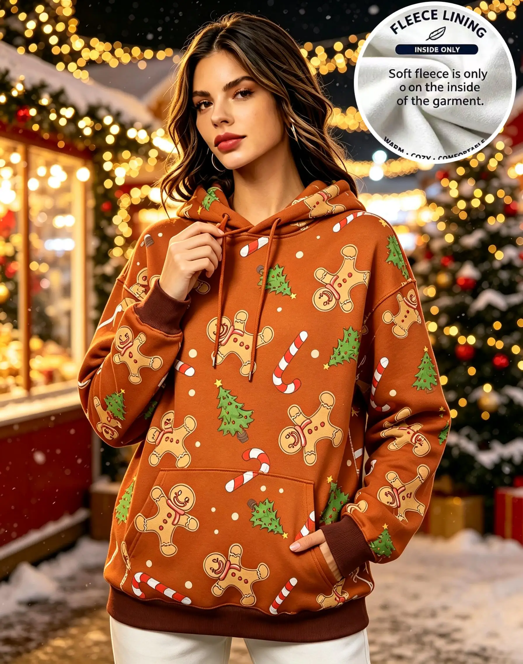 Women Christmas Allover Gingerbread Man Candy Cane Tree Wine Red Fleece Hoodie Pocket Sweatshirt