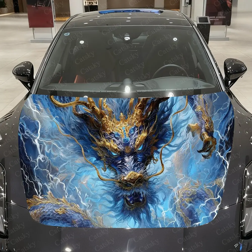 

Thunder Golden-Patterned Blue Dragon Car Vinyl Wrap, PVC Material Waterproof Car Hood Sticker, Self-Adhesive Scratch-Resistant S