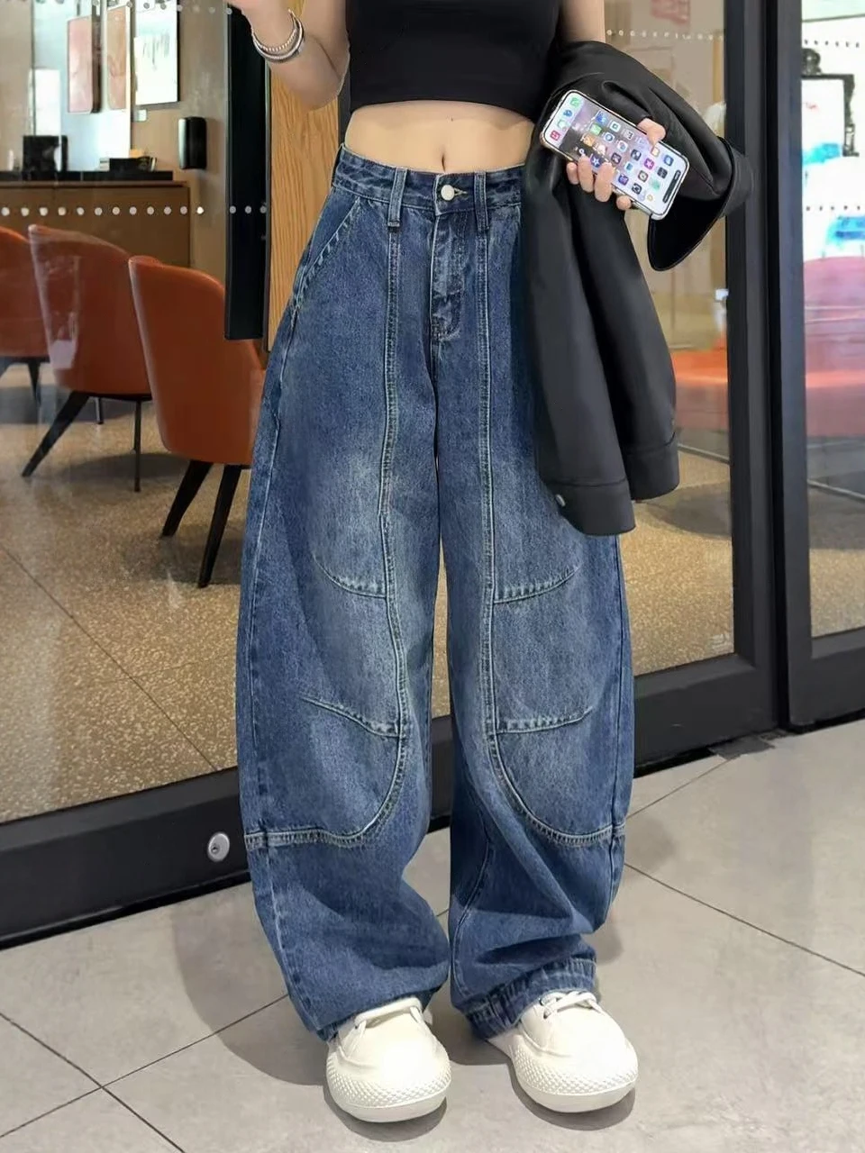 

Fall New plus Size Loose Waed Denim Straight Leg Pants Splicing Design Trendy Match All Slimming High Waist Jeans