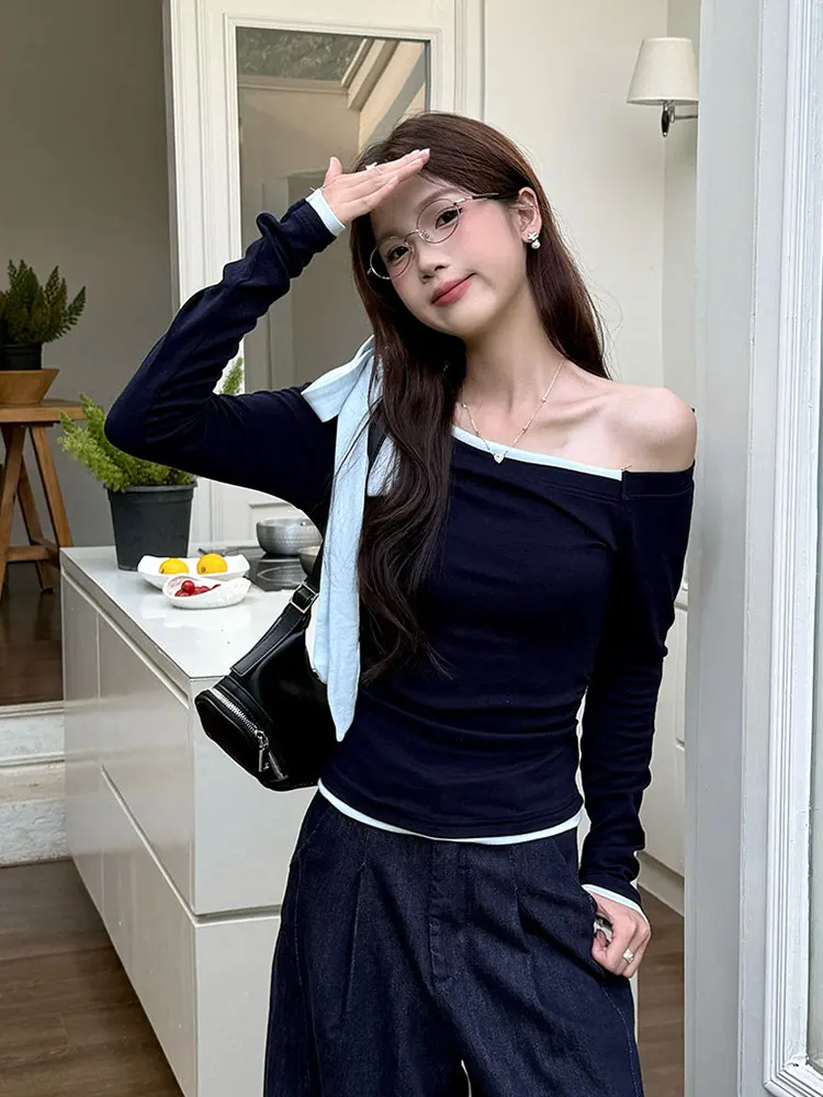 سليم صالح طويل Sve تي شيرت المرأة الخريف جديد Sle فتاة حار تصميم تحسس اللون كوليون حزام Ne Uneven Top Ins