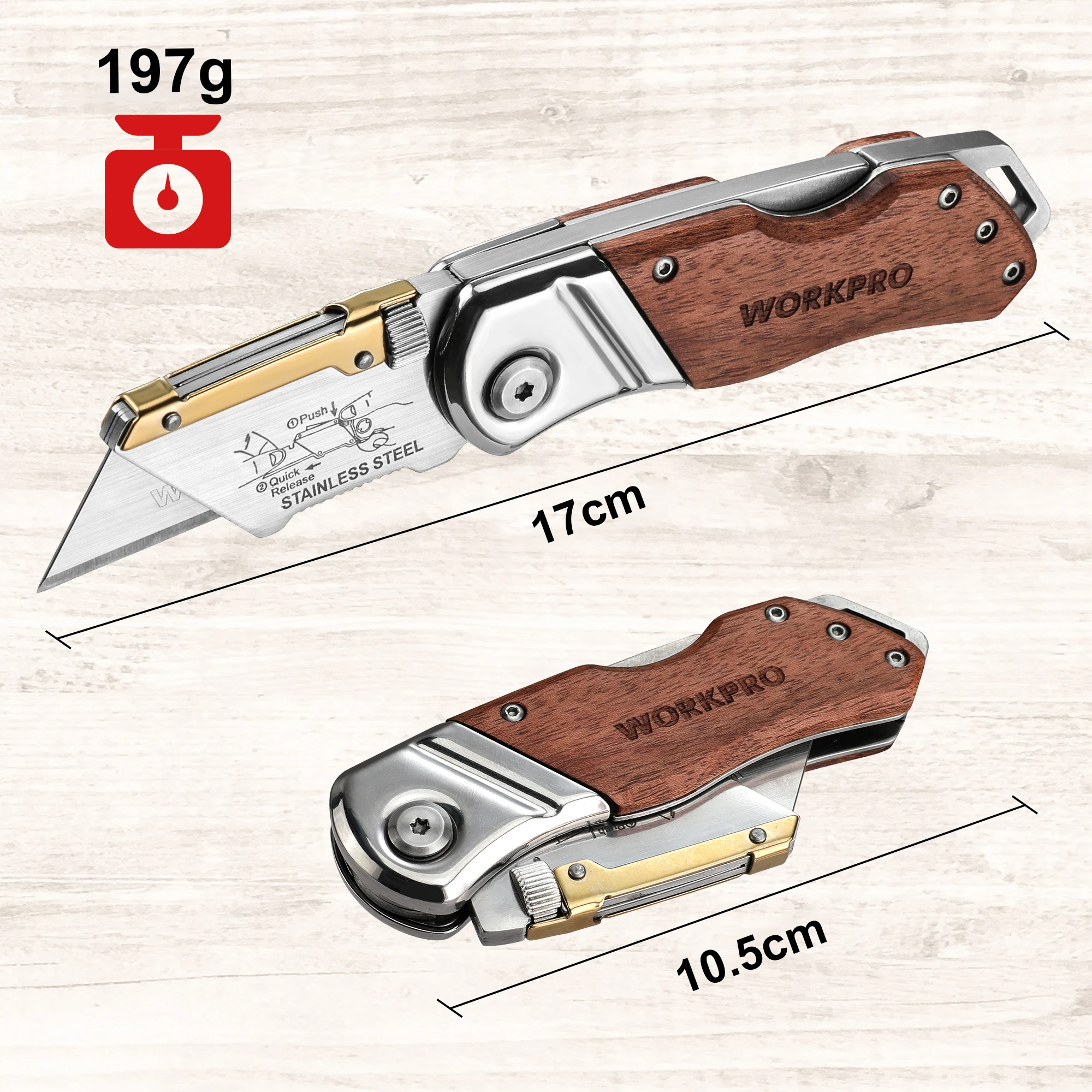 Workpro-faca utilitária com cabo de madeira, faca dobrável de troca rápida, cortador de papel, acampamento, ferramentas manuais diy, lâminas de 10