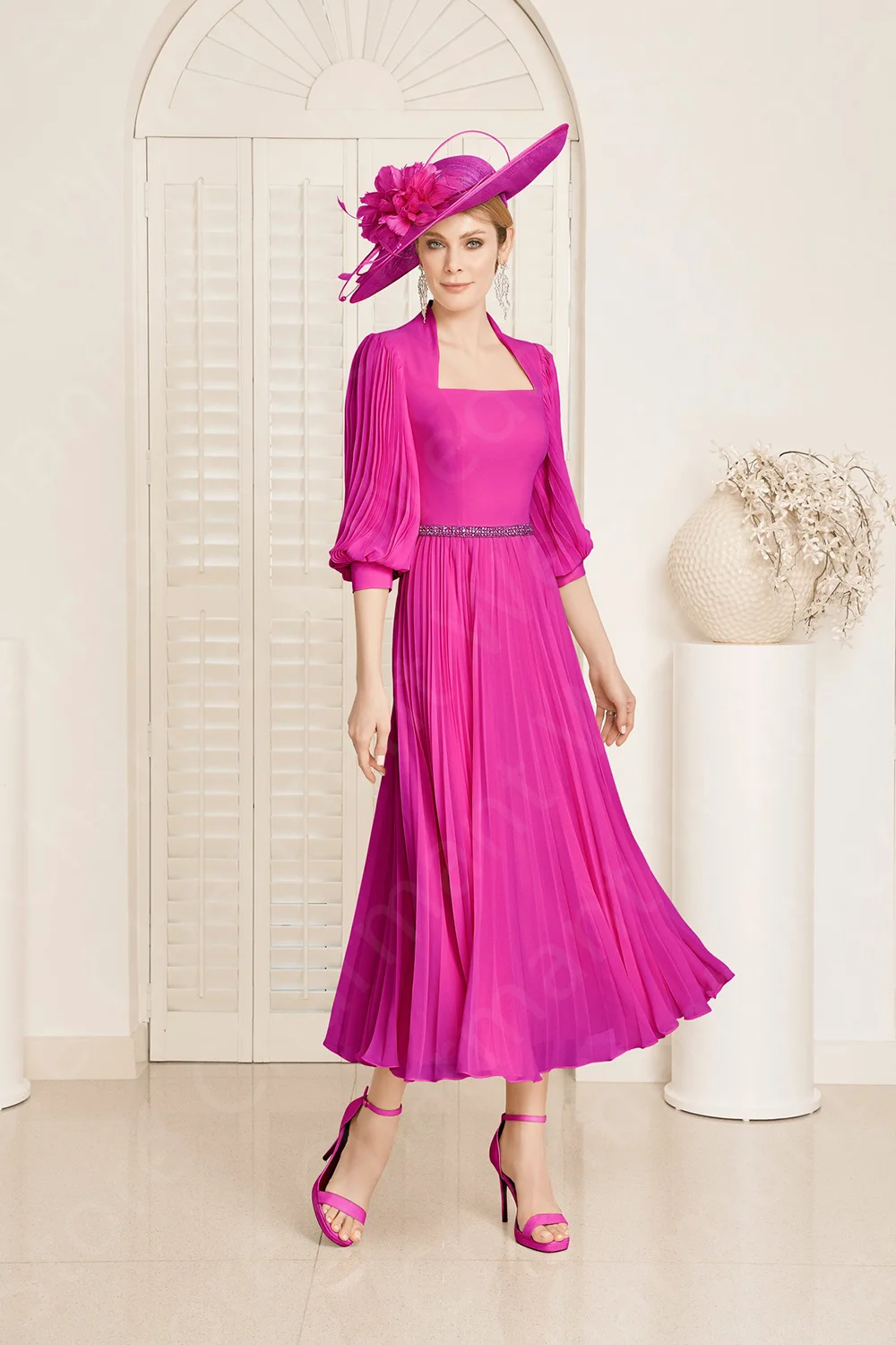 Customized Latest Blush Pink Mother of the Bride Dresses Mid Calf Length Mother Gown 3/4 Sleeves Wedding Party Dress Beaded Belt