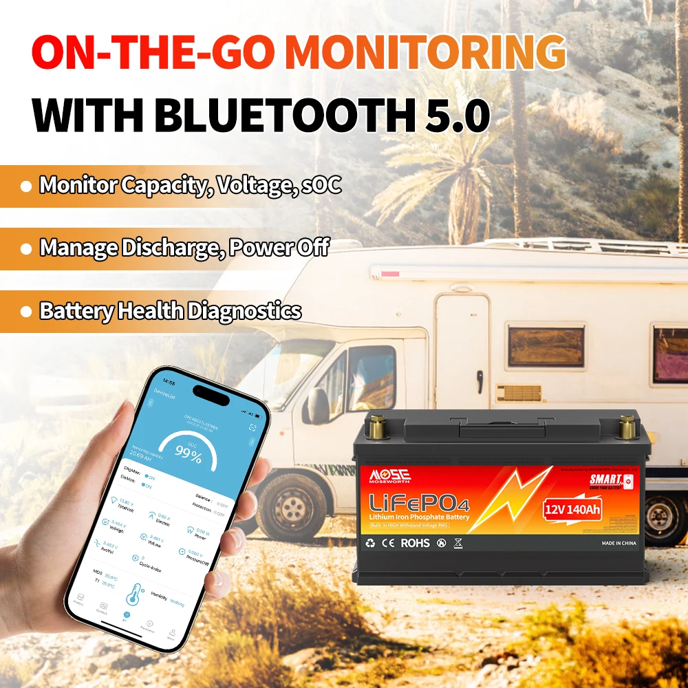 12 فولت 140 أمبير بلوتوث Lifepo4 بطارية ليثيوم 100A الذكية BMS بطارية ليثيوم فوسفات الحديد قابلة للشحن لقارب محركات التصيد