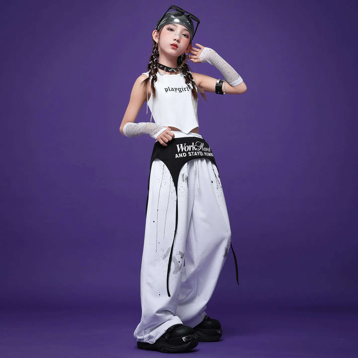 Kid Kpop Hip Hop Clothing White Black Irregular Hem Crop Tank Top Casual Ink Print Sweat Pants for Girl Dance Costumes Clothes