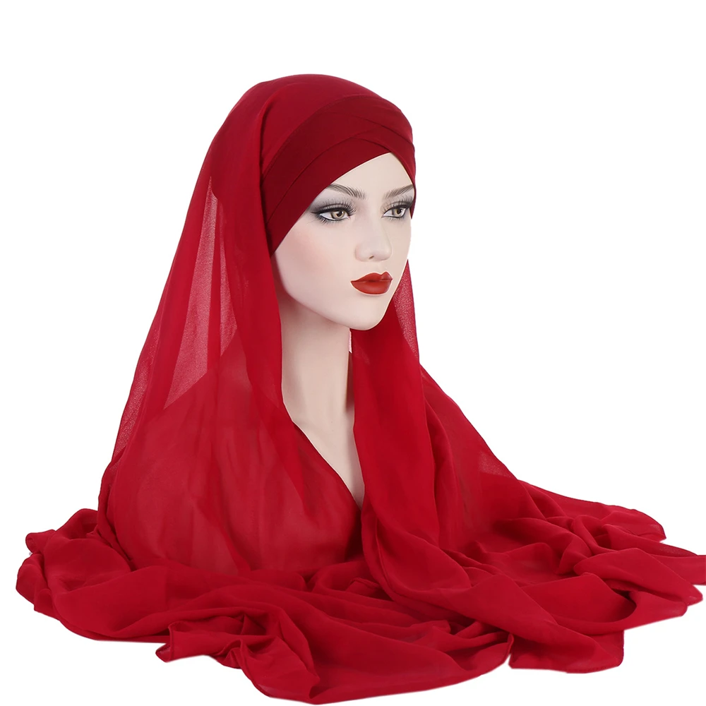 

Muslim Women Instant Chiffon Hijab with Jeresy Inner Cap Bonnet Turban Amira Long Veil Shawl Headscarf Head Wrap Turbante Mujer
