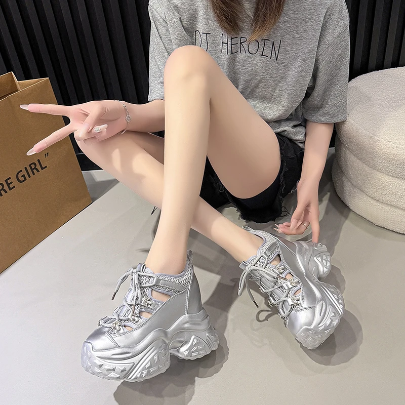 Women High Platform non-slip Sneakers Spring vulcanized Shoes 12CM Thick Sole Leather Casual Shoes Chunky Dad Sport Sneakers