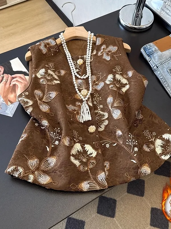 Elegant Black Embroidered Cotton Vest Top Women's Fashion Set Winter Warmth Style Chinese Traditional Design Sleeveless Jacket
