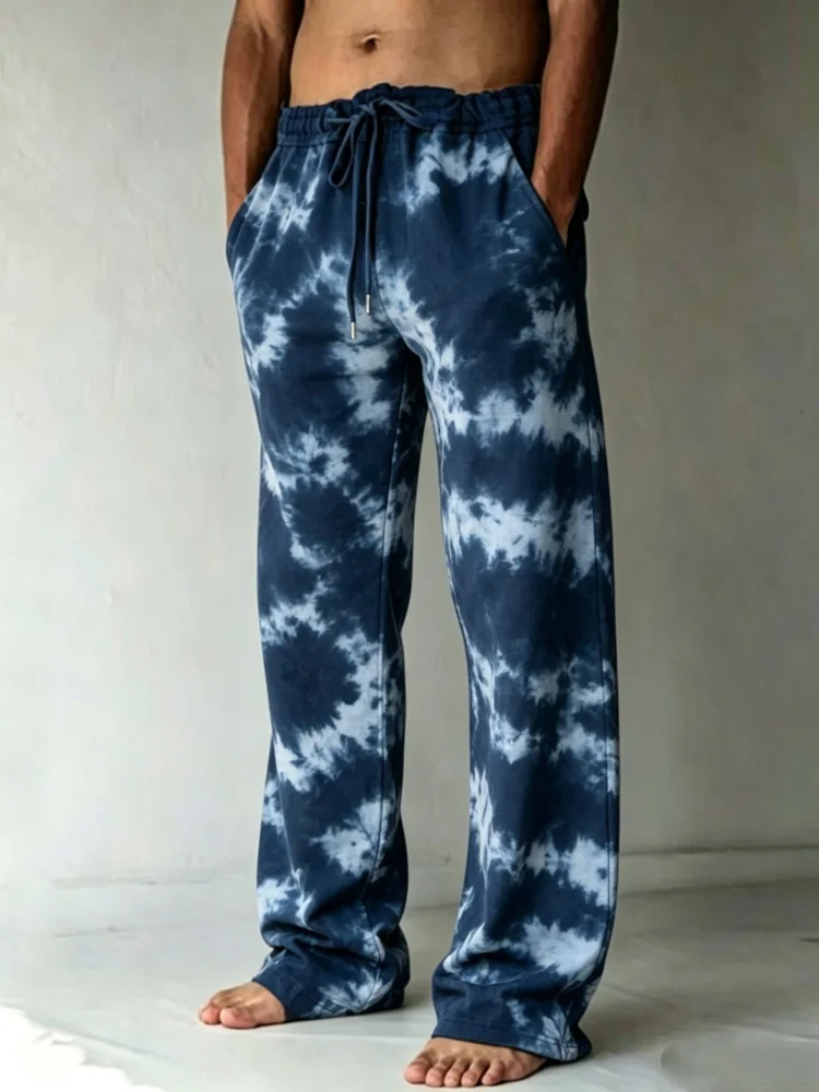 Mens Navy Blue White Cloud Tie Dye Print Drawstring Waist Straight Floor Length Loose Casual Sweatpants