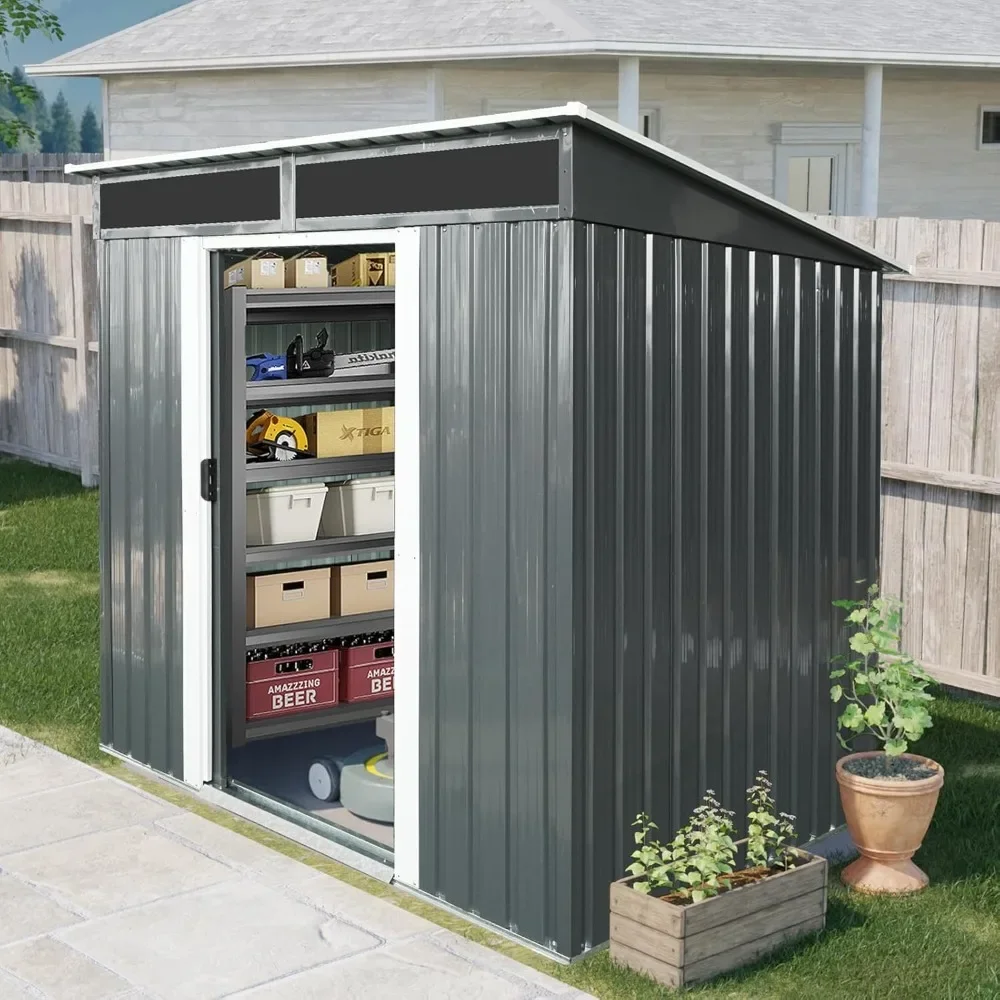 

6x5 ft Outdoor Metal Storage Shed with Floor Floor, Galvanized Steel Tool Shed with Lockable Sliding Door, Transparent Plate